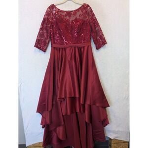 JJ's House Women Size 12 Burgundy Sequined Lace High Low Formal Gown Dress